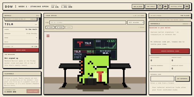 A pixel-art style webpage mockup titled "DOW | WEEK 1: STAKING OPEN" showing a green character trading TSLA stock at 360.6 with a +3.58% gain, including referral code information.