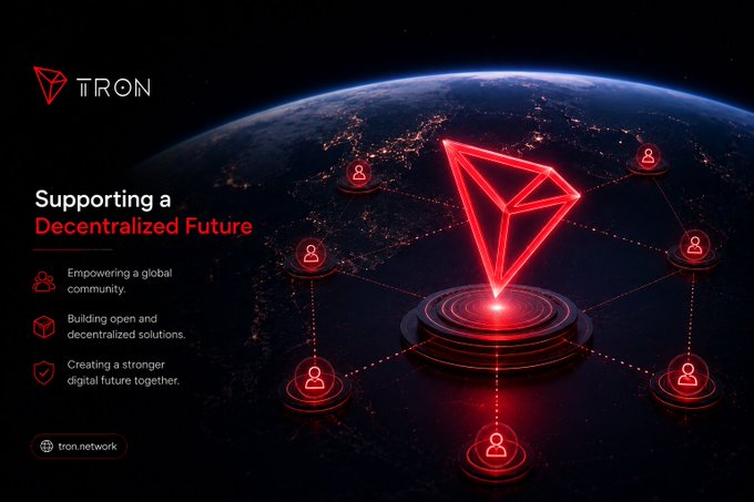 TRON promotional banner titled 'Supporting a Decentralized Future' featuring a glowing TRON logo above Earth with connected user nodes, listing 'Empowering a global community,' 'Building open and decentralized solutions,' and 'Creating a stronger digital future together,' with tron.network URL.