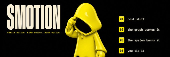 A yellow hooded figure pulls back its hood to reveal a blank interior beside bold "SMOTION" branding with the subtitle "Create motion. Earn motion. Burn motion." and a four-step process listing "01 post stuff, 02 the graph scores it, 03 the system burns it, 04 you tip it," visually reinforcing the message about how authentic, verified participation drives the tipping economy.