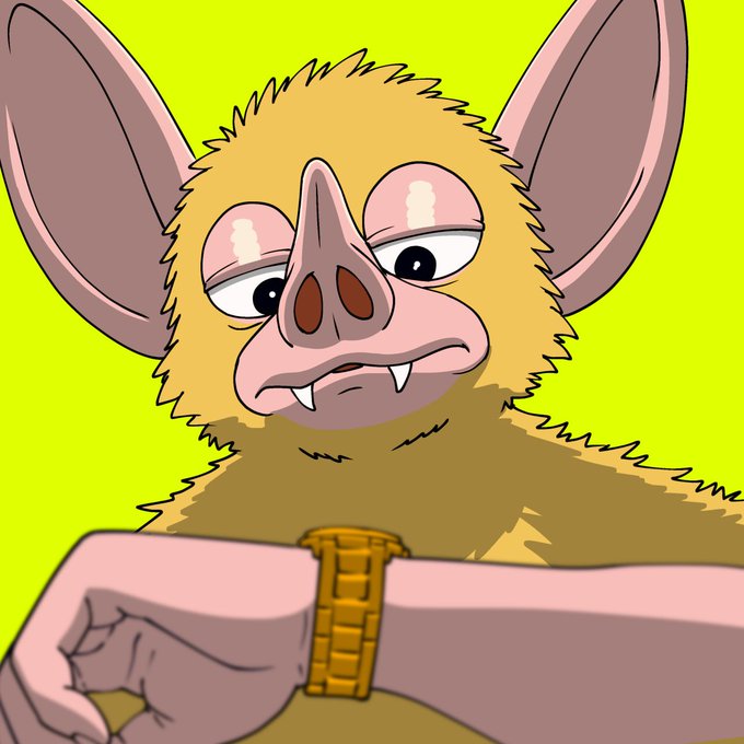A furry bat-like creature with fangs and a smug expression checks a gold watch on its wrist against a bright green background, suggesting it's counting down to someone's final moments in a menacing "your time is near" threat.