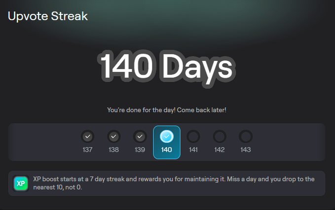 A 'Upvote Streak' screen showing '140 Days' completed, with a note 'You're done for the day! Come back later!' and an XP boost reminder about maintaining a 7-day streak.
