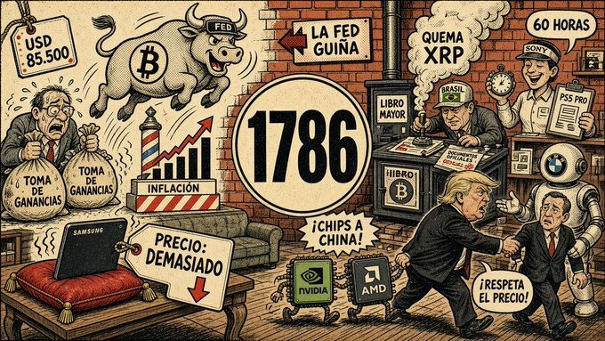 An AI-generated comic-style illustration filled with various economic and political references, including a bull with 'B' and 'FED', the number '1786', caricatures of political figures, and Spanish text like 'PRECIO DEMASIADO'.