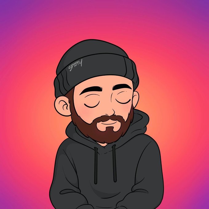 The image features a cartoon character wearing a black hoodie with a beard, sitting down and looking at the camera. The character's eyes are closed, giving off a relaxed and content vibe. In the background, there is a pink gradient that adds depth to the scene. The caption below the image reads "All the Spiffys on the timeline today really making me smile Appreciate all the love and support and everyone who’s wished me a happy bday today Thank you @Peijidesu for this custom bday gift my hbar wallet has never looked better".