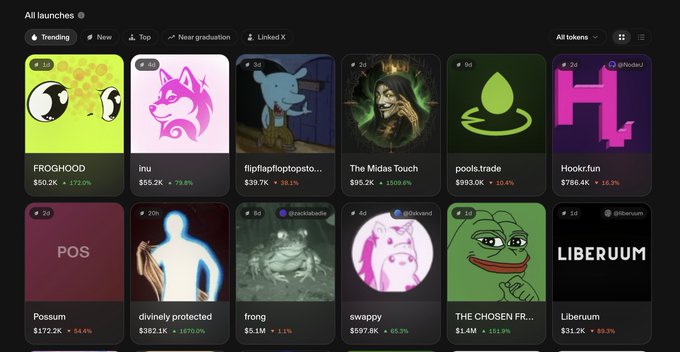 The image shows a crypto token launchpad (likely Pools.trade) displaying a grid of trending meme tokens including FROGHOOD ($50.2K, +172%), inu ($55.2K, +79.8%), The Midas Touch ($95.2K, +1508%), pools.trade ($993.0K), Hooki.fun ($786.4K), and others, with filters for "Trending," "New," "Top," and "Near graduation" at the top.

The screenshot visually supports the user's complaint by showing the "Trending" tab populated with various tokens (some with significantly lower market caps like $50K) while implying their own ~$50K raise is missing from the trending list despite strong performance.