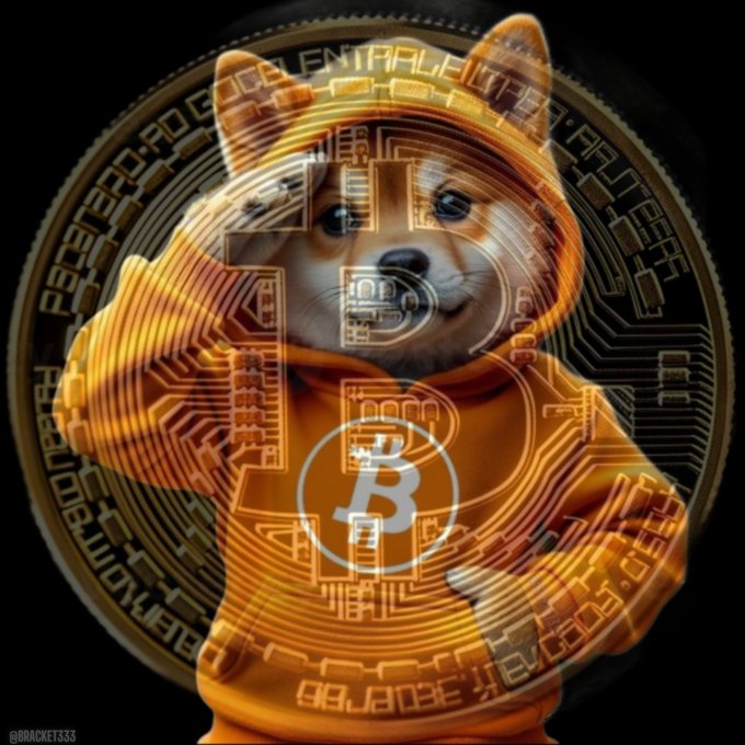 A digital artwork of a Shiba Inu dog dressed in an orange Bitcoin-themed hoodie, overlaid with a Bitcoin coin design, credited to @BRACKET533.