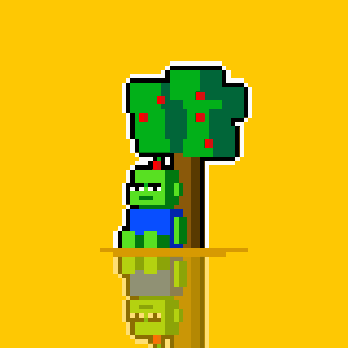 A pixel-art image shows a green zombie-like character in a blue shirt sitting beneath an apple tree with red apples, hanging upside down from the branches, with a reflection visible below against a yellow background. The image relates to the post by serving as a playful, zombie-themed mascot graphic accompanying the announcement about the ZecBit marketplace launch and ongoing team improvements.
