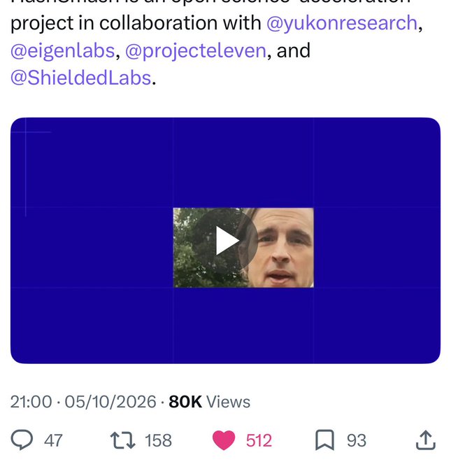 Social media post about Machinash as an open-source accelerator project in collaboration with @yukonresearch, @eigenlabs, @projecteleven, and @ShieldedLabs, featuring a video thumbnail.