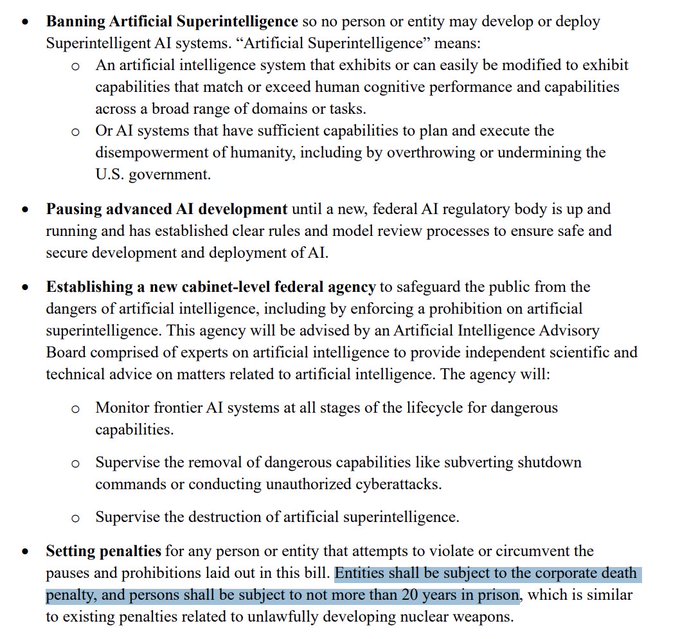 A text document outlining proposed legislation to ban Artificial Superintelligence, pause advanced AI development, establish a federal agency, and set penalties including corporate death penalty and up to 20 years in prison.