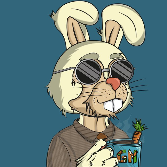 A cartoon illustration of a white rabbit wearing round black sunglasses, holding a blue mug with 'GAM' written on it and a small carrot garnish, set against a teal background.