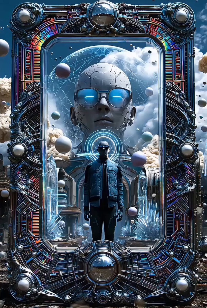 The image features a man standing in front of a large metal frame with a blue border, which has a mirror inside of it that reflects an alien figure wearing sunglasses. The man appears to be frozen in time as he gazes at the alien figure through the mirror. The caption above the image reads "Paralysis by Pivot is live for Day 146 on Transient Labs. Paralyzed by the spectacle. Waiting for permission to finally shatter the cage. Reserve 0.02 Ξ Buy now 0.03 Ξ Link BELOW IN NEXT POST".