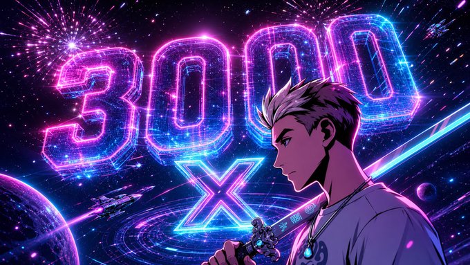 A vibrant neon-style digital artwork showing an anime character with a futuristic weapon against a space backdrop, with large glowing text displaying '3000X'.