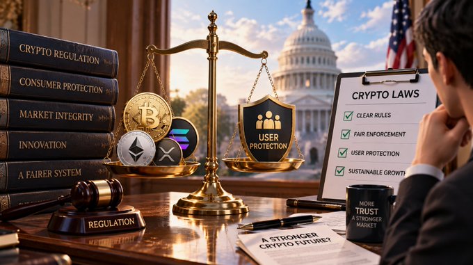 An illustrated scene shows a desk with stacked law books titled 'CRYPTO REGULATION', 'CONSUMER PROTECTION', 'MARKET INTEGRITY', 'INNOVATION', and 'A FAIRER SYSTEM' next to a balance scale weighing cryptocurrencies against 'USER PROTECTION', with the US Capitol building in the background and a clipboard listing 'CRYPTO LAWS' including 'CLEAR RULES', 'FAIR ENFORCEMENT', 'USER PROTECTION', and 'SUSTAINABLE GROWTH'.