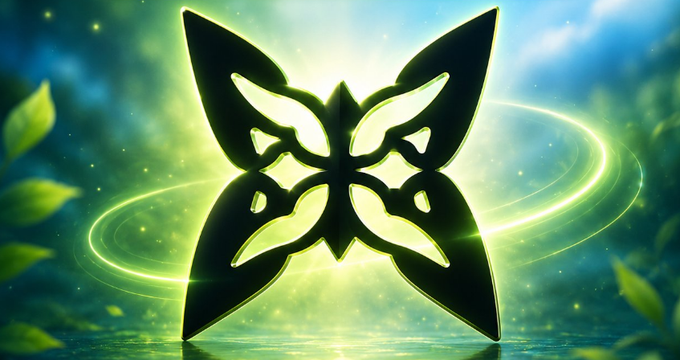 A glowing green and black symmetrical butterfly-shaped emblem or logo set against a mystical forest background with light rays and swirling energy lines.