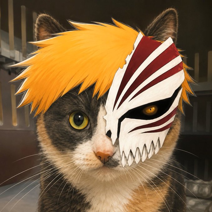 A digital artwork of a calico cat split down the middle, with the left side showing its natural feline face and the right side featuring spiky orange anime hair and a white hollow mask with red stripes reminiscent of Ichigo from Bleach.
