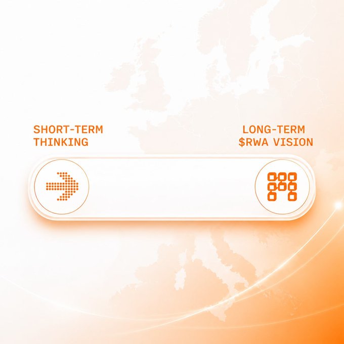 An orange and white graphic featuring a world map background with two circular icons labeled 'SHORT-TERM THINKING' (with an arrow) and 'LONG-TERM $RWA VISION' (with a grid pattern).