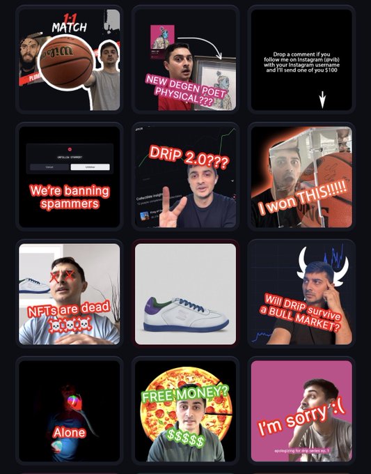 A grid of Instagram story thumbnails featuring various clickbait-style images including '1:1 MATCH,' 'NEW DEGEN POET PHYSICAL??,' 'DRIP 2.0???,' 'I won THIS!!!!!,' 'NFTs are dead,' a pair of sneakers, and 'Will DRIP survive a BULL MARKET?'