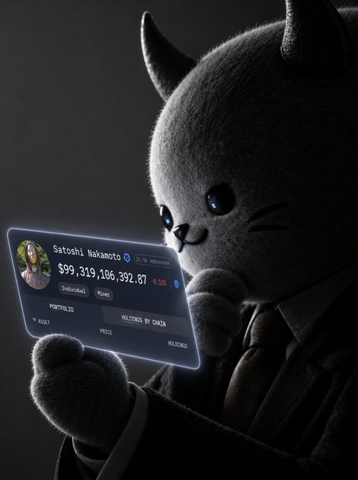 A 3D-rendered gray cat in a suit holding up a digital card showing 'Satoshi_Nakamoto' with a wallet balance of $99,319,106,392.87 and a verified badge with 21.9K addresses.
