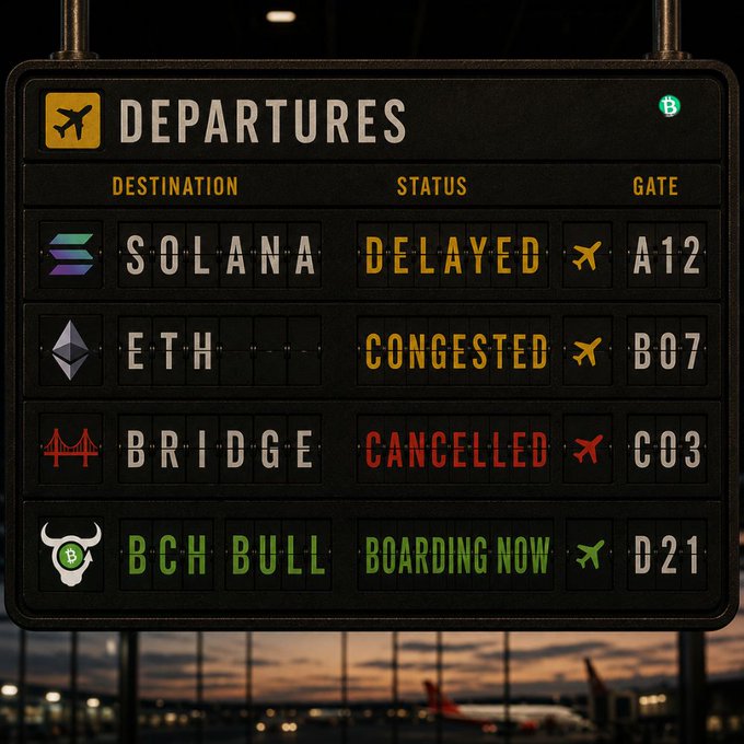 An airport-style departures board listing Solana (DELAYED, Gate A12), ETH (CONGESTED, B07), BRIDGE (CANCELLED, C03), and BCH BULL (BOARDING NOW, D21).