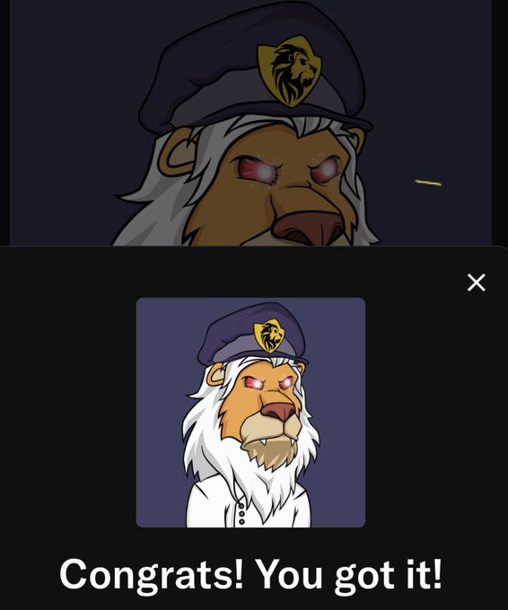 Digital illustration showing a lion character wearing a police cap, shown twice with the text 'Congrats! You got it!' beneath it.