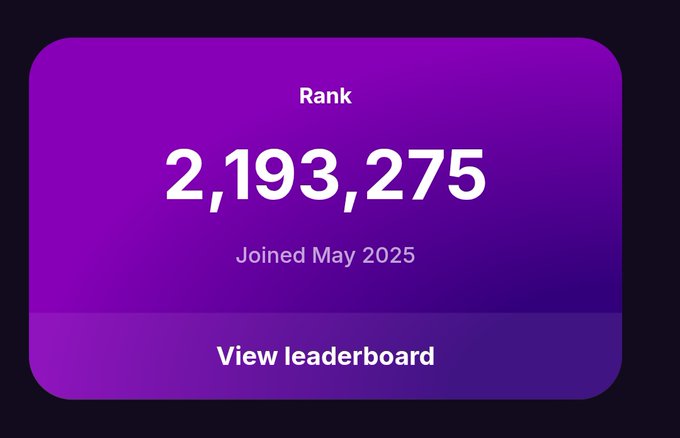 A purple user interface card displaying a 'Rank' of '2,193,275' with 'Joined May 2025' and a 'View leaderboard' button.