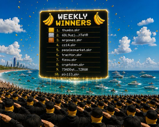 A 'Weekly Winners' leaderboard displays top usernames like 'thumbs.skr', '6DL9uzj...XTeYR', and 'mrgomez.skr' over a beach scene with a crowd of figures saluting toward the ocean.