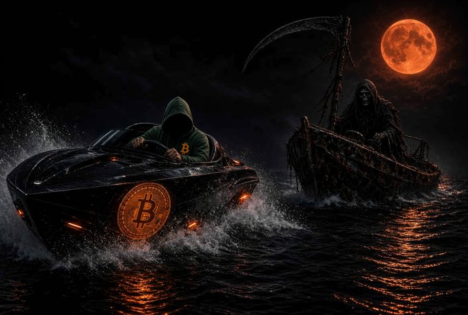 A dark, dramatic illustration of a hooded figure driving a black sports car emblazoned with a glowing Bitcoin logo across rough seas, being chased by a Grim Reaper in a skeletal boat under a blood-red full moon.
