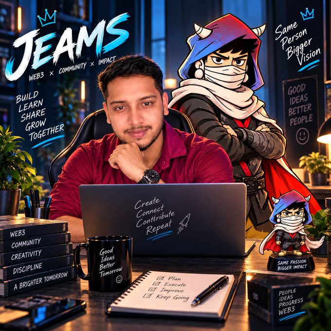 The image shows a young man in a maroon shirt working on a laptop in a stylish, dimly-lit room, accompanied by a cartoon ninja character wearing a red hood and mask. Surrounding motivational text includes "JEAMS WEB3 x COMMUNITY x IMPACT," "Same Person Bigger Vision," "GOOD IDEAS BETTER PEOPLE," "Build Learn Share Grow Together," and "Create Connect Contribute Repeat," with visible words on nearby books and notebooks like "DISCIPLINE," "Good Ideas Better Tomorrow," and a checklist reading "Plan, Execute, Improve, Keep Going."

The caption reflects the post's theme by portraying web3 as a community-driven journey of continuous growth and collaboration, with the creative workspace, ninja mascot, and motivational slogans symbolizing the personal discipline and shared vision required to build meaningful connections in the space.