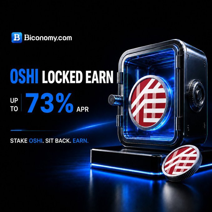 Promotional graphic for Biconomy.com advertising 'OSHI LOCKED EARN' with up to 73% APR, showing a metallic safe displaying a red and white OSHI coin.