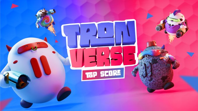Promotional artwork for the video game 'TRON VERSE TAP SCORE' displays a large white character with a red visor on the left and two textured spherical characters on the right, set against a pink and blue geometric background.