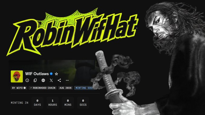The image displays a countdown timer for the "WIF Outlaws" mint, with "RobinWifHat" prominent in the title, hinting at a connection to the accompanying post. The timer shows "1 HOURS" remaining until mint.