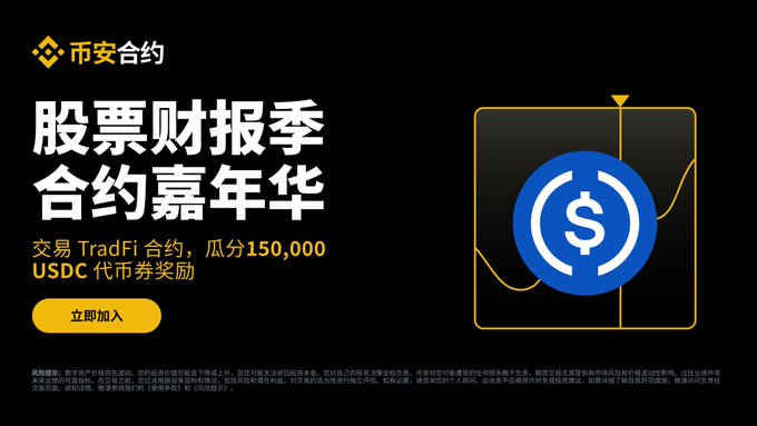 A black-and-gold Binance promo for the “股票财报季合约嘉年华” (Earnings Season Contracts Carnival), featuring TradFi contract trading and a prize pool of up to 150,000 USDC. It includes a yellow “立即加入” (“Join Now”) button and a blue dollar-sign graphic beside a chart.