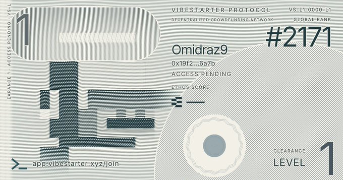 A digital 'VIBESTARTER PROTOCOL' membership-style card for user 'Omidraz9' showing a global rank of #2171, clearance level 1, and the URL app.vibestarter.xyz/join.