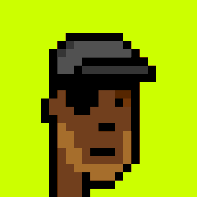 A pixel art portrait of a character with dark skin, a black cap, and closed eyes, set against a bright neon yellow-green background.