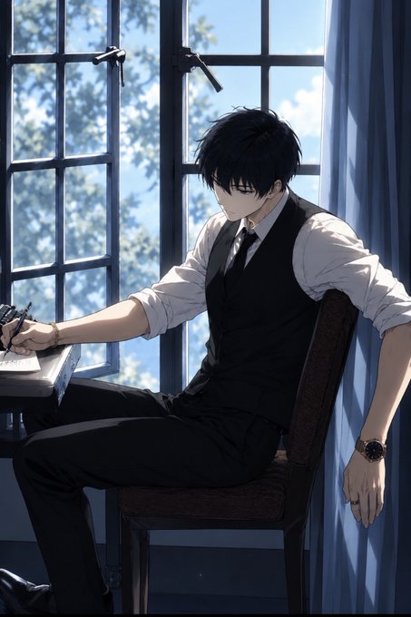 An anime-style illustration of a young man with black hair in a white shirt, black vest, and tie, sitting by a large window writing with a pen while wearing a watch.
