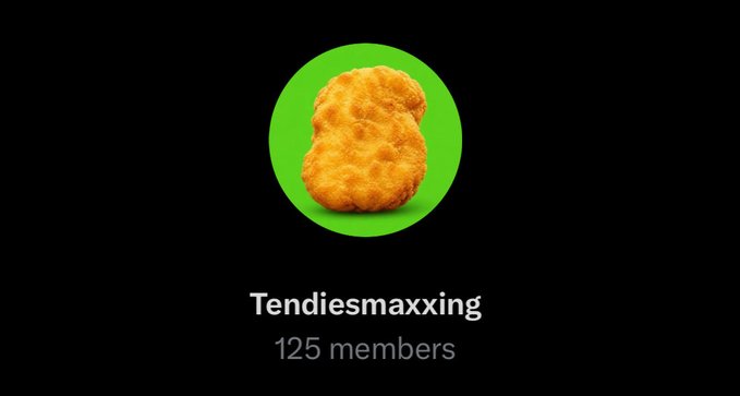 The image displays a Spotify-style community page titled "Tendiesmaxxing" with 125 members, featuring a chicken nugget icon on a green circular background. This ties to the post's nostalgic tone about "bagworking season" and the $TENDIES ticker, evoking a humorous meme finance vibe centered around chicken tenders.