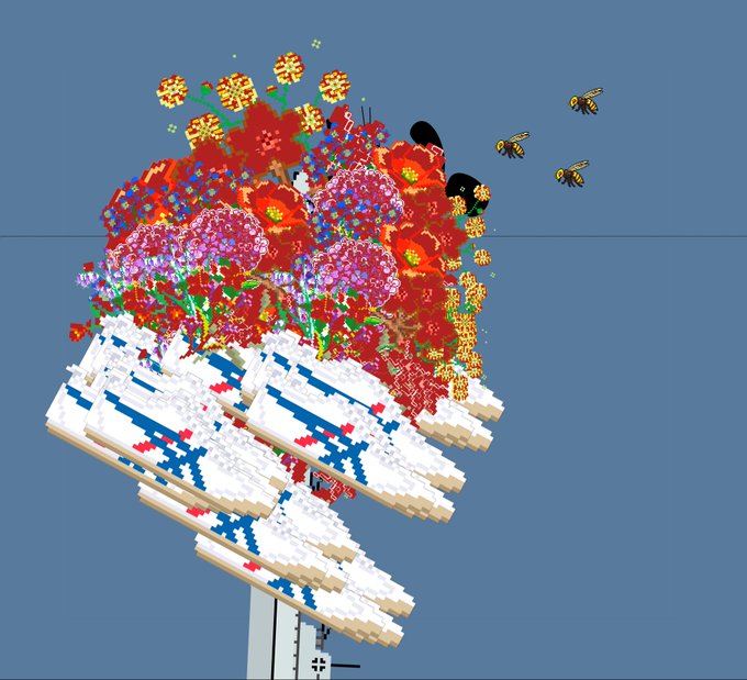 The image features a large floral arrangement made up of various flowers, including red, white, and yellow ones. The flowers are arranged in such a way that they create an interesting visual effect against a blue background. There are also two bees flying around the flowers, adding life to the scene. The post about this floral arrangement is titled "I have just collected" and has been shared by @RusticDigitArt on @objktcom.