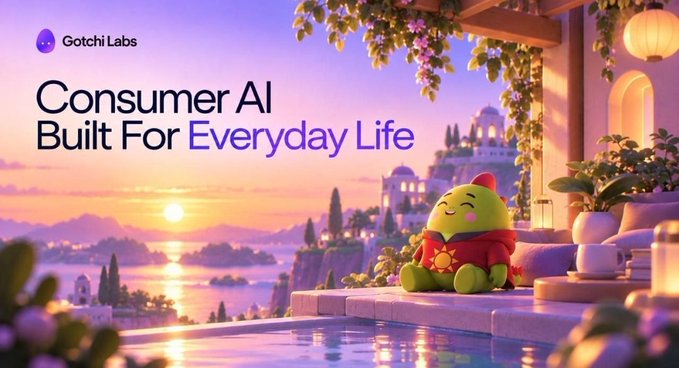 A promotional graphic for 'Gotchi Labs' features a green animated character in a red hoodie sitting by a pool overlooking a scenic sunset landscape, with text reading 'Consumer AI Built For Everyday Life'.