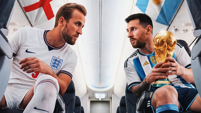 Two soccer players sit across from each other on an airplane, with the player on the left wearing an England jersey (featuring the English flag and Three Lions crest) and the player on the right wearing an Argentina jersey (with the Argentine flag), holding the FIFA World Cup trophy. The image visually embodies the "no one is safe" sentiment by depicting a tense, face-off moment between two former World Cup champions mid-flight, symbolizing how any soccer powerhouse can meet another giant on the global stage.