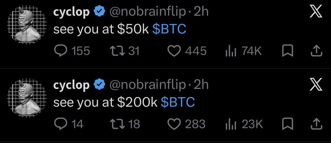 Two tweets from user @nobrainflip predicting Bitcoin ($BTC) price levels, first saying 'see you at $50k' and later 'see you at $200k'.