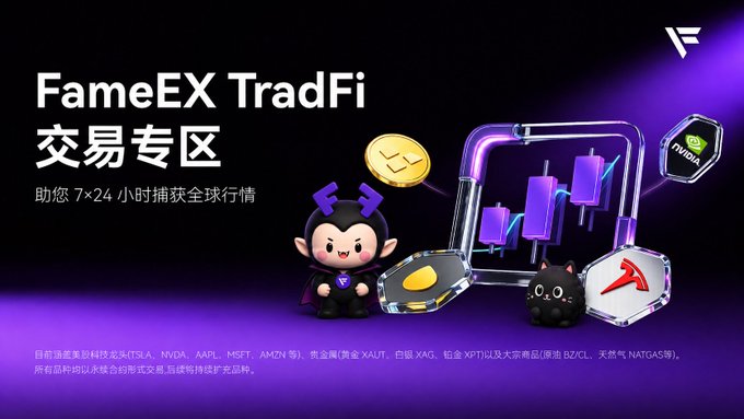 A promotional banner for FameEX TradFi trading zone featuring a cartoon monkey mascot, cryptocurrency coins, and a chart graphic, with Chinese text mentioning supported tokens like SOL, TRX, NVIDIA, AAPL, and others.