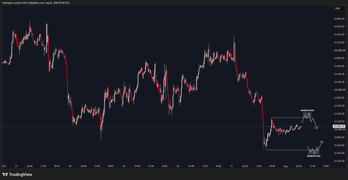 A TradingView candlestick chart of BTC/USD on the UDST pair, spanning approximately late July to early August, shows a recent sharp decline from around $67,000 down to the $63,000-$64,000 range, with annotations marking "Manipulation sweep" near the highs and lows and "JUMP PLATEAR" near the bottom support around $62,800, outlining a weekend consolidation and potential bounce plan.