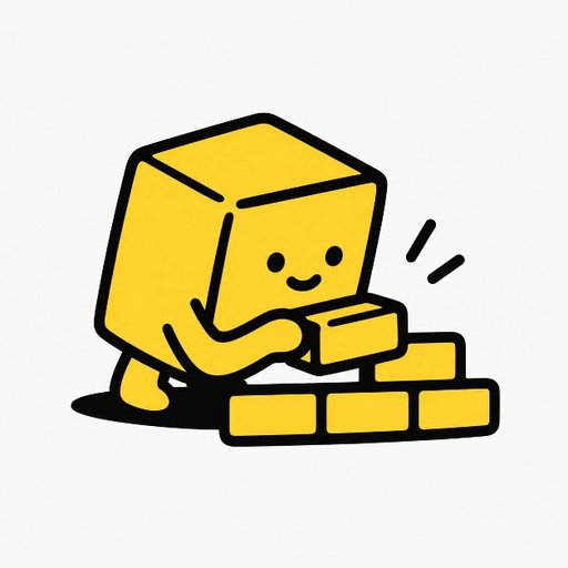 A cartoon illustration of a yellow cube character happily stacking yellow bricks.