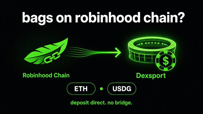 A black-and-neon-green graphic asks “bags on robinhood chain?” and diagrams “Robinhood Chain” leading to “Dexsport,” with labels “ETH,” “USDG,” and the line “deposit direct. no bridge.”