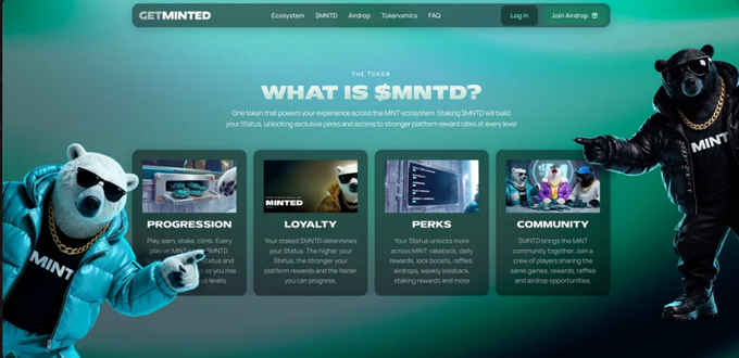A website for 'GETMINTED' explains 'WHAT IS $MNTD?' on the MNTD token page, detailing features like Progression, Loyalty, Perks, and Community, decorated with cartoon bear mascots wearing sunglasses and gold chains.