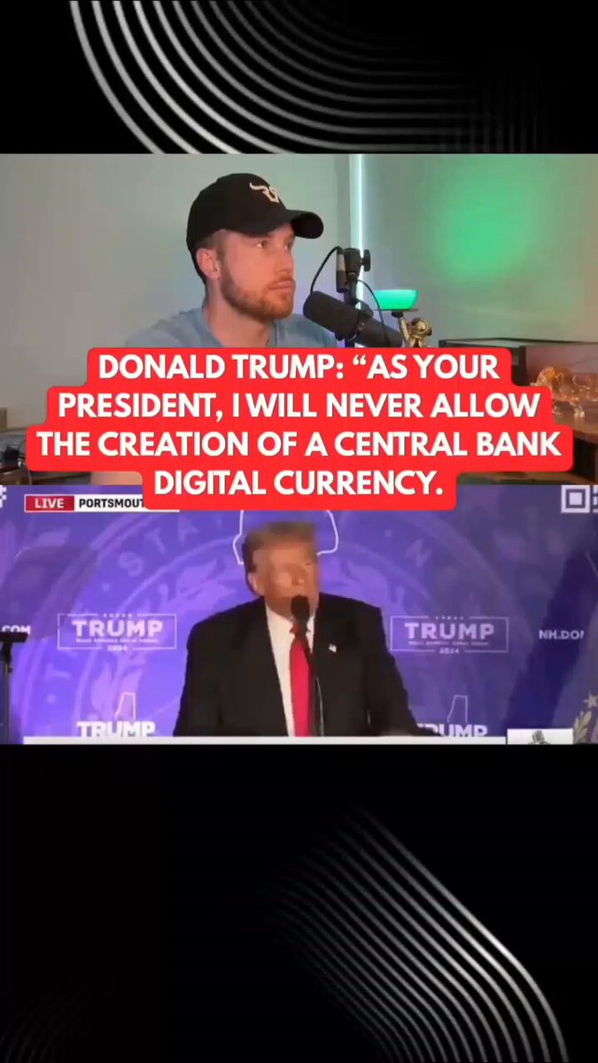 The image shows a man wearing a baseball cap, speaking into a microphone at an event. The caption reads "Donald Trump said he will never allow the creation of central bank currency." This statement is related to the post because it references Donald Trump's views on CBDCs (Central Bank Digital Currencies).