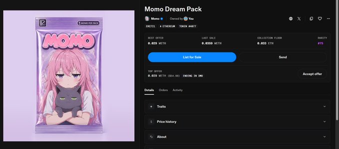 An NFT marketplace listing for 'Momo Dream Pack' on Ethereum, showing a pink-haired anime character with a black cat and a price of 0.029 WETH.