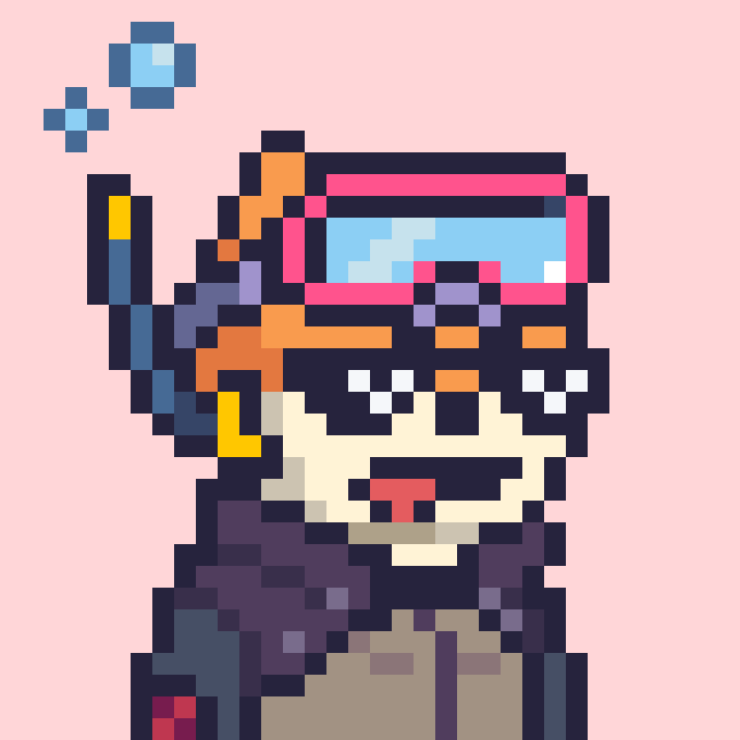 Pixel art character wearing a pink and blue VR headset and jacket, with a wide skeletal grin, set against a pink background with small blue icons floating nearby.