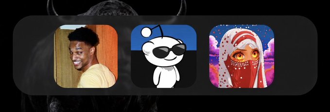 The image displays three social media app icons featuring a smiling young man, the Reddit mascot Snoo wearing sunglasses, and a stylized illustrated figure in a red hood. These icons visually represent the three accounts the post recommends following during a cryptocurrency bull run, suggesting the users are key personalities or communities to watch for crypto market insights.