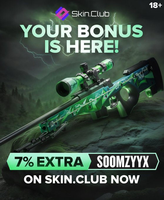 A promotional advertisement for Skin.Club featuring a green dragon-themed sniper rifle skin, with text reading 'YOUR BONUS IS HERE!', '7% EXTRA SOOMZYYX ON SKIN.CLUB NOW', and an '18+' age rating.