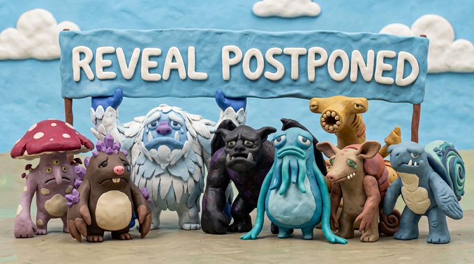 A claymation-style image shows a group of fantasy monster characters standing beneath a banner that reads 'REVEAL POSTPONED'.